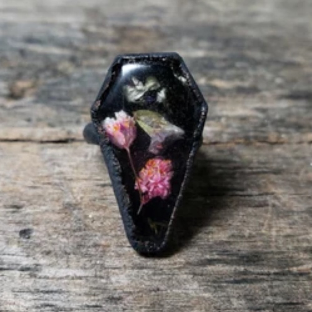 HANDMADE WHIMSYGOTH FLOWERS AND RESIN COFFIN RING